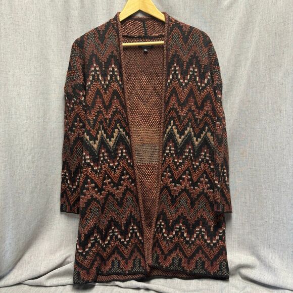Lucky Brand Long Ikat‎ Cardigan Knit Sweater Black Maroon Wool Acrylic Medium - Picture 8 of 11